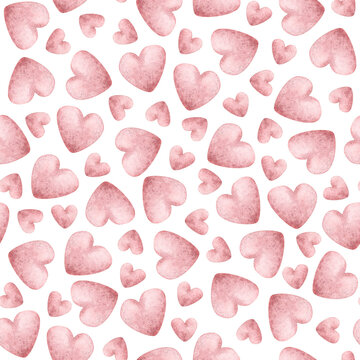 Pink watercolor hearts seamless pattern on white. Romantic love repeat background for Valentine's Day in simple childish style. Lovely wallpaper or festive wrapping paper clip art