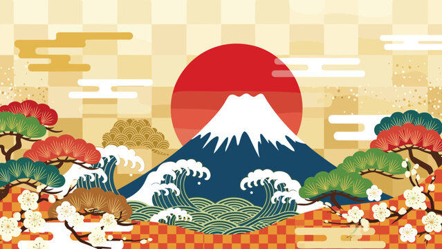 Traditional Japanese landscape illustration featuring Mount Fuji at sunset with giant waves, pine trees, and blooming plum blossoms.