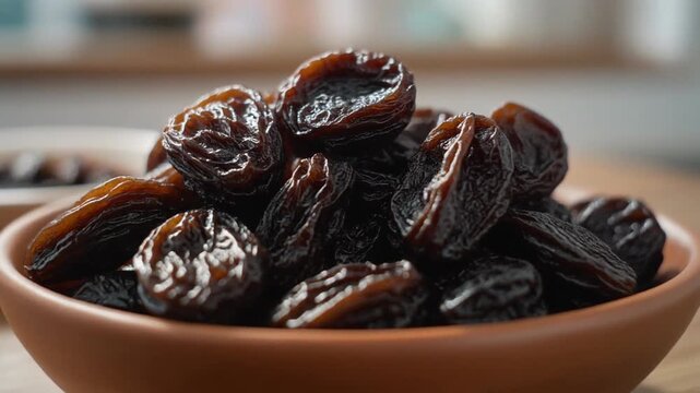 A bowl of dark brown dates on a wooden table in a kitchen with another bowl in the background, possibly for cooking or healthy snacking