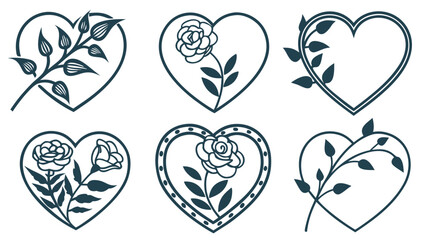 Fototapeta premium Elegant Heart Line Art Set with Rose and Leaf Details in Navy Blue Outline
