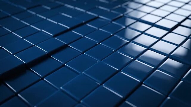 Glossy navy blue tiles form a textured grid with reflections