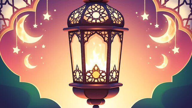 A lantern with intricate metalwork and a glowing light inside, set against a vibrant orange and purple sky with crescent moons and stars, possibly for Ramadan or festive use