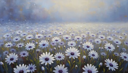 Naklejka premium A serene field of white daisies blooms under a sunny blue sky with purple centers and green stems