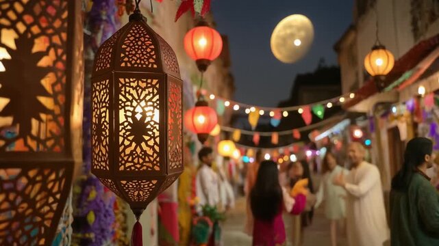A Middle Eastern-style lantern hangs in front of a blurred background of people socializing in an outdoor market at night during a festive event under a full moon