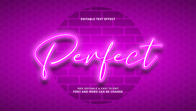 Pink Neon Light Script Text Effect 'Perfect' on Purple Brick Wall Background