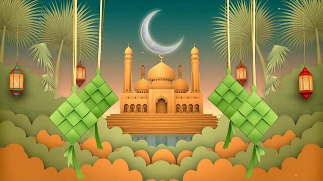 A serene mosque scene at dusk with a crescent moon, ketupat decorations, lanterns, and palm trees