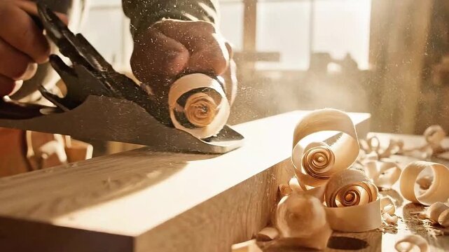 Close up of a skilled craftsman using a traditional hand plane to smooth a wooden plank, illuminated by sunlight creating dramatic flying sawdust and wood curls