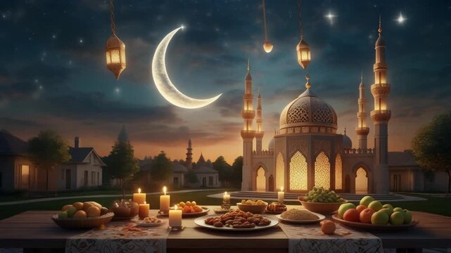 A serene nighttime scene of a traditional iftar table with food, lanterns, and a mosque in the background under a crescent moon