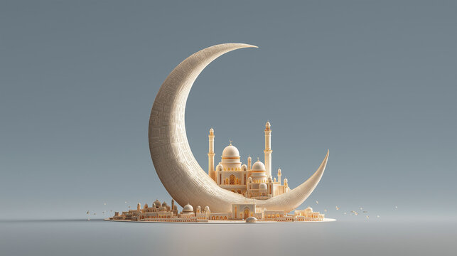 A crescent moon cradles a miniature mosque, symbolizing a beacon of faith, meticulously crafted against the vastness of the sky.