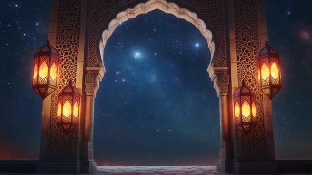 A stunning archway entrance with intricate carvings and lanterns under a starry night sky, leading to a mystical space