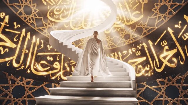 A woman in white robes ascends a spiral staircase surrounded by Arabic calligraphy and gold patterns in a mosque or Islamic architectural setting