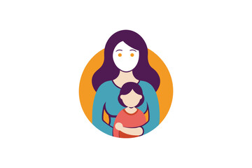 Obraz premium Mother embracing child icon, intimate moment, circular frame, colorful illustration, symbolizing nurturing and affection