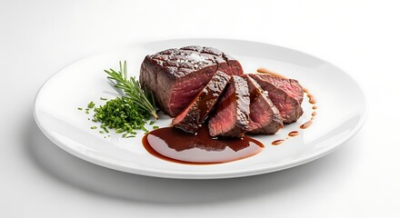 Grilled Steak Slices with Red Wine Sauce and Herbs on White Plate
