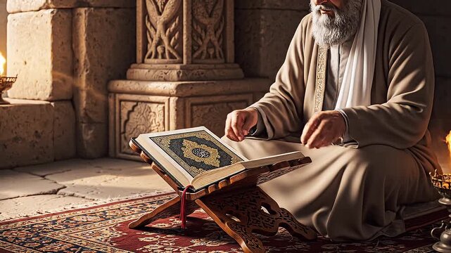 An elderly man reads a book on a wooden lectern in a traditional Middle Eastern setting with stone walls and a colorful rug
