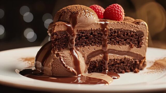 Rich chocolate cake with ice cream and raspberries