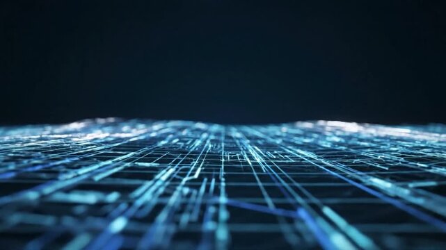 Abstract digital grid with glowing lines receding into darkness