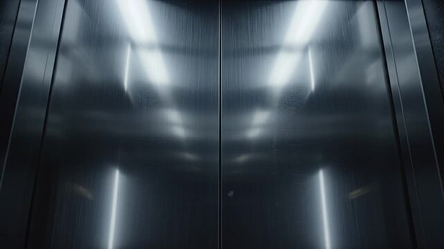 Close-up of a dimly lit elevator interior with metallic walls and bright overhead lighting reflecting off the surface.