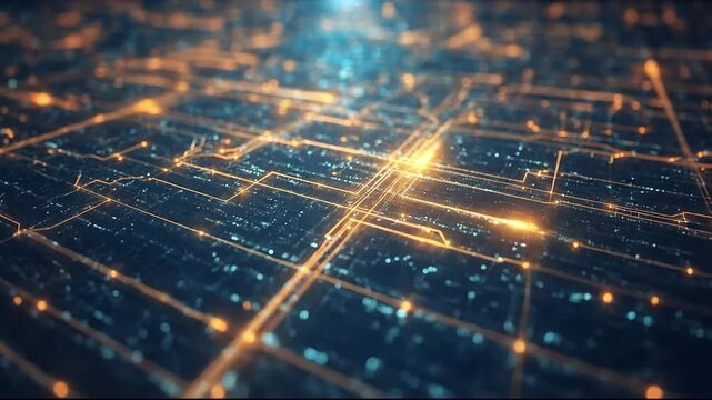 Futuristic digital network grid with glowing lines and data points.