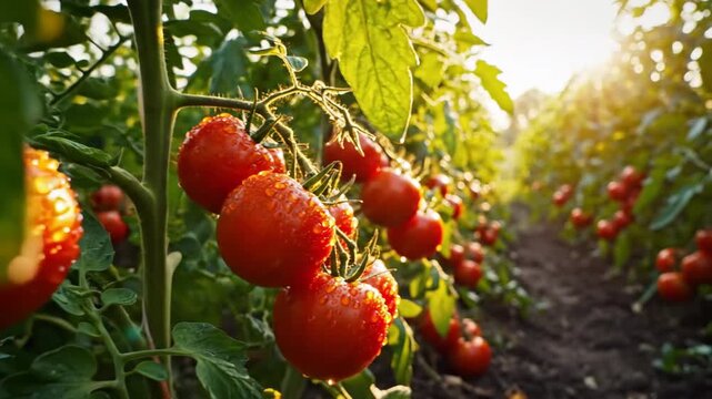 Close-up view of ripe, red tomatoes glistening with dew in a sunny garden row, showcasing healthy growth and fresh produce.