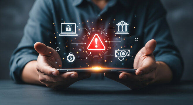 Cybersecurity alert and data breach concept, digital security warning on smartphone, financial fraud and hacking protection icons