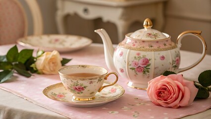 Elegant floral tea set arrangement with roses on a pink tablecloth