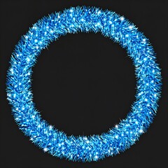 Sparkling blue garland in a circle. Shimmering lights accent the shiny tinsel against a dark background