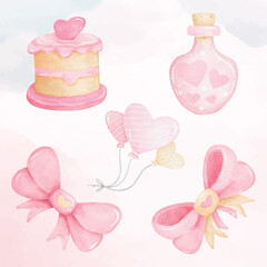Watercolor Valentines Cute Objects Bundle with Cake Ribbon and Heart Elements