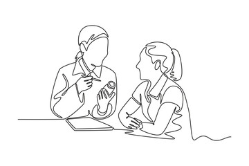a physician making a prescription for a senior patient. Doctor visit and consul concept. Single line draw design. Vector graphic illustration