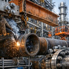 Welding is performed on pipes at an industrial site during the day with equipment and structures in the background