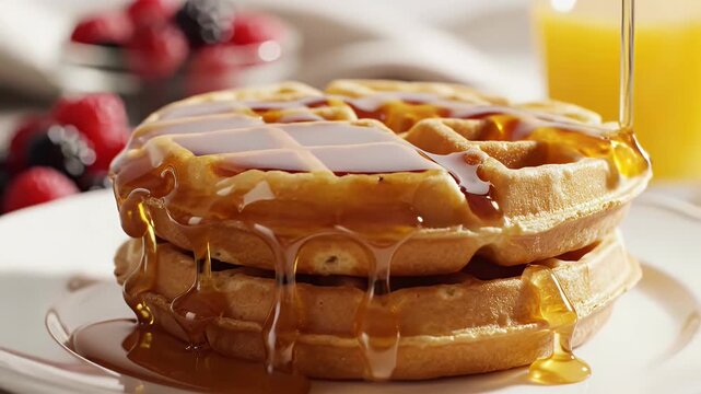 Maple syrup pouring onto stack of waffles with berries and juice