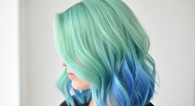 Model with an asymmetrical lob haircut in soft icy blue color showcased from a side view