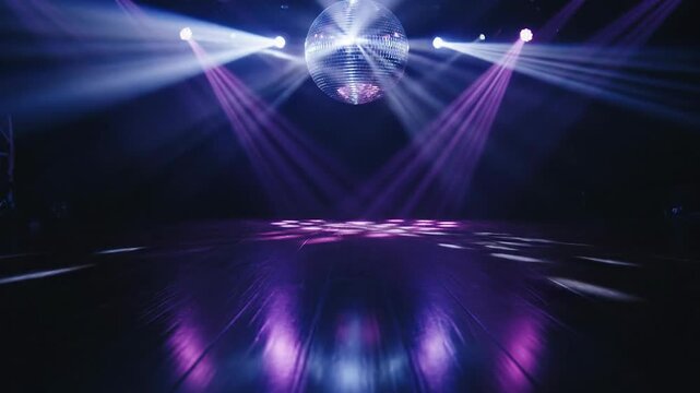 Disco Ball Lights Dance Floor Nightclub Party Atmosphere with Purple and White Beams