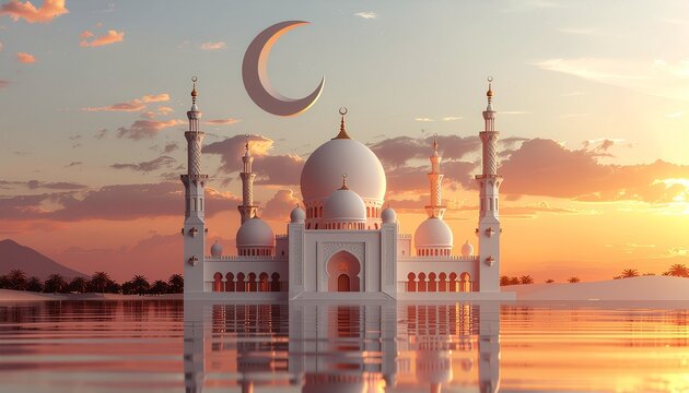 White mosque with minarets and crescent moon at sunset over water