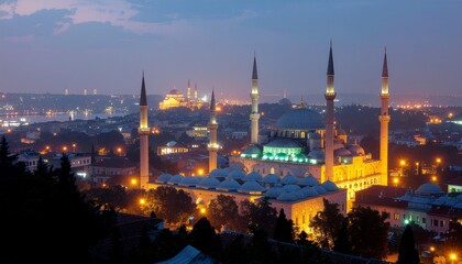 Obraz premium Firefly Ramadan night cityscape with illuminated mosque domes and minarets