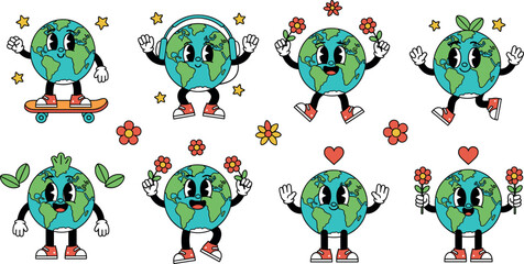 Set of cute retro Earth characters in vintage cartoon style featuring globe mascots with flowers headphones and skateboard for Earth Day. © Minara