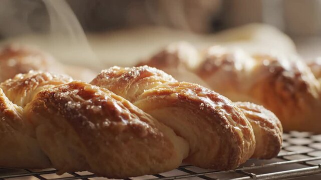 Sweet braided pastries cooling on a rack with warm vapor rising, showcasing delicious baked goodness