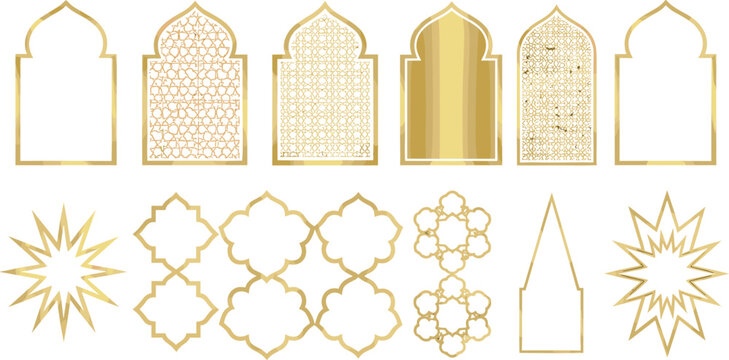 Luxury Islamic Geometric Frame and Arch Illustration Set with Gold Decorative Patterns, Arabesque Ornaments, and Elegant Ramadan Design Elements
