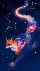 Fototapeta premium Cosmic fox with galaxy tail and constellations in night sky 