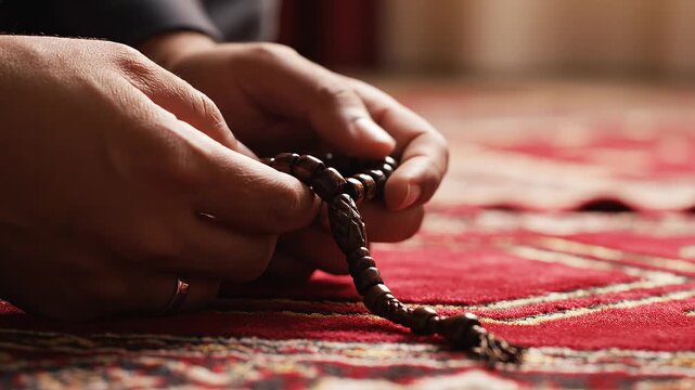 Close-up of person's hand holding brown rosary beads on red patterned rug in prayer or meditation in indoor setting