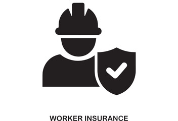Black flat design icon representing worker insurance showing a person in a hard hat and a shield with a checkmark inside, symbolizing safety and protection.