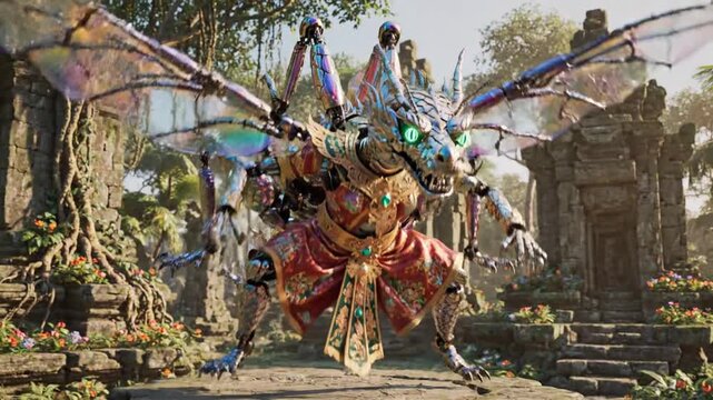 Vivid, multi-armed deity statue amid ancient temple ruins,lush flora, radiant colors, awe-inspiring