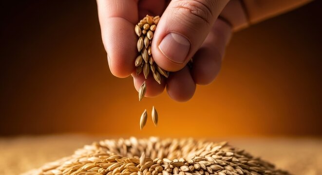 Hand holding and dropping barley grains into a pile, representing agriculture and healthy food production.