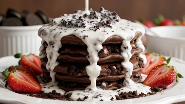 Stack of chocolate pancakes with creamy topping and strawberries