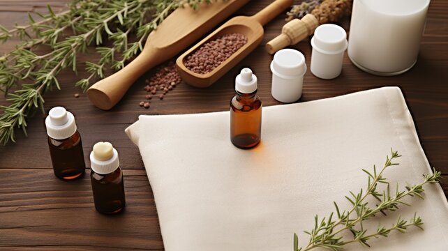 Natural apothecary ingredients with rosemary, essential oil bottles and herbal powders on a wooden table for traditional medicine