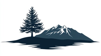A modern wilderness icon featuring a silhouette of a tree with a mountain backdrop.