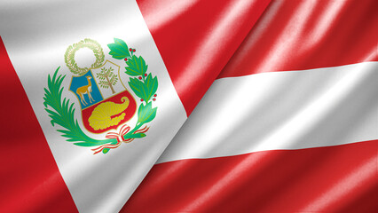 Peru and Austria two national flags filling the entire frame, close-up view, edge-to-edge composition