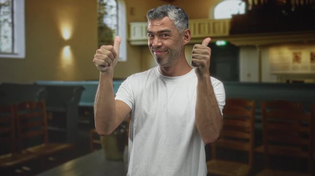 Middle aged man with grey hair gives both thumbs up wearing white tshirt in church nave among wooden pews; cheerful approval.