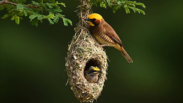 A brilliant male Baya weaver bird meticulously attends its intricately woven hanging nest while a chick patiently waits inside the protected entrance tunnel below.