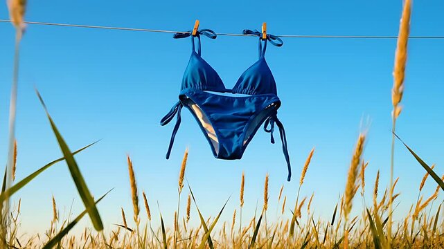 A vibrant, deep blue string bikini is suspended by clothespins on a thin wire line against a clear, bright summer sky above tall golden grasses.