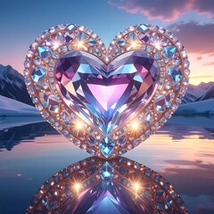 Sparkling heart-shaped gem reflecting in water, with snowy mountains and a sunset in the soft-focus background